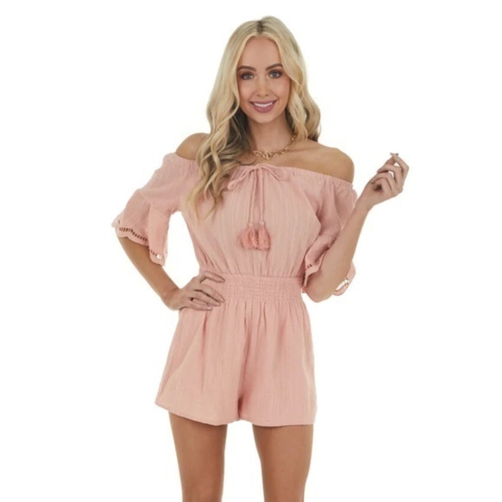 Lush Dusty Peach Off The Shoulder Romper